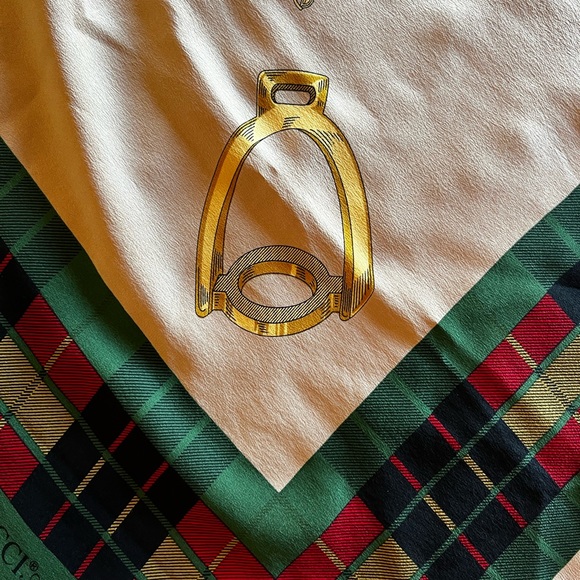Vintage Gucci Silk Scarf Green Plaid Equestrian - Picture 8 of 9